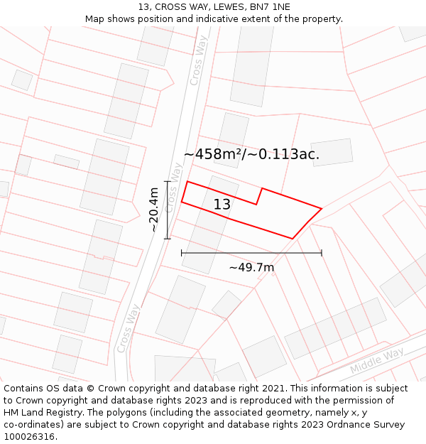 13, CROSS WAY, LEWES, BN7 1NE: Plot and title map