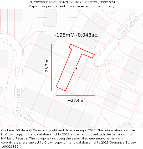 13, CROWS GROVE, BRADLEY STOKE, BRISTOL, BS32 0DA: Plot and title map