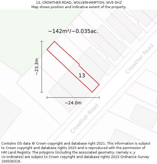 13, CROWTHER ROAD, WOLVERHAMPTON, WV6 0HZ: Plot and title map