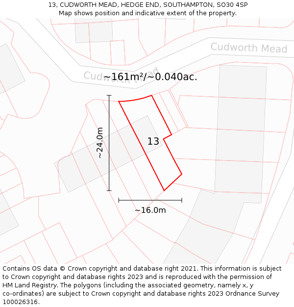 13, CUDWORTH MEAD, HEDGE END, SOUTHAMPTON, SO30 4SP: Plot and title map