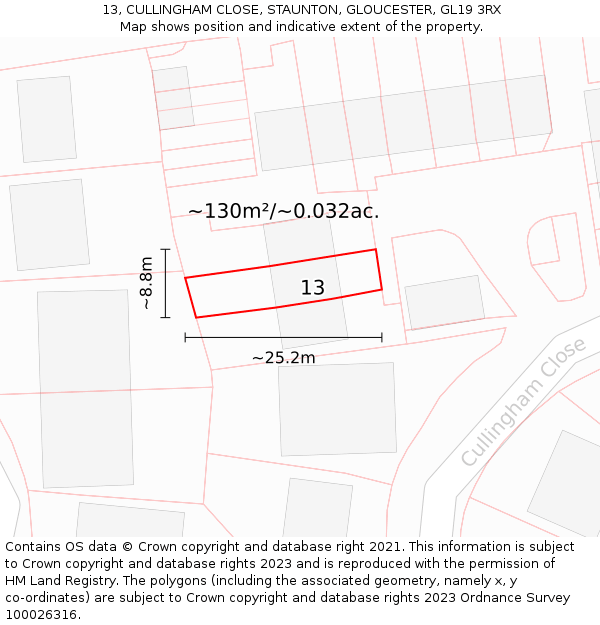13, CULLINGHAM CLOSE, STAUNTON, GLOUCESTER, GL19 3RX: Plot and title map