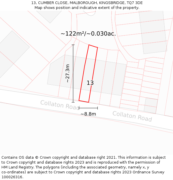 13, CUMBER CLOSE, MALBOROUGH, KINGSBRIDGE, TQ7 3DE: Plot and title map