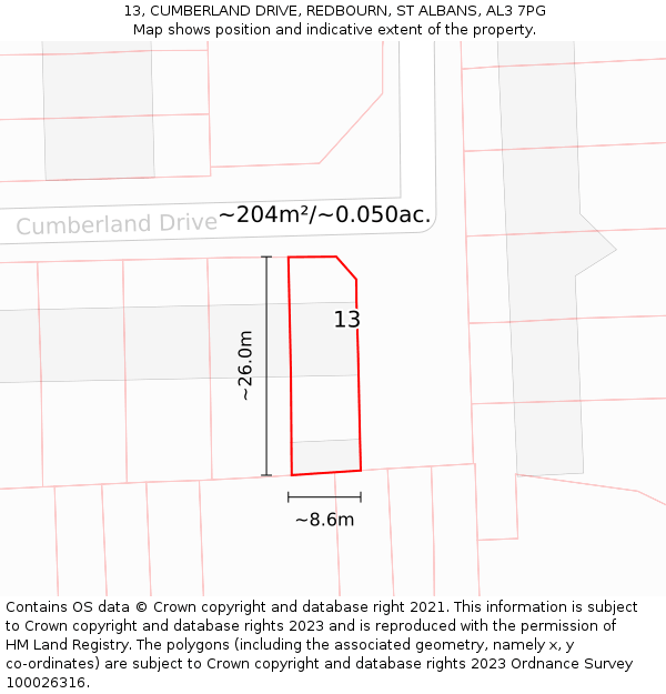 13, CUMBERLAND DRIVE, REDBOURN, ST ALBANS, AL3 7PG: Plot and title map