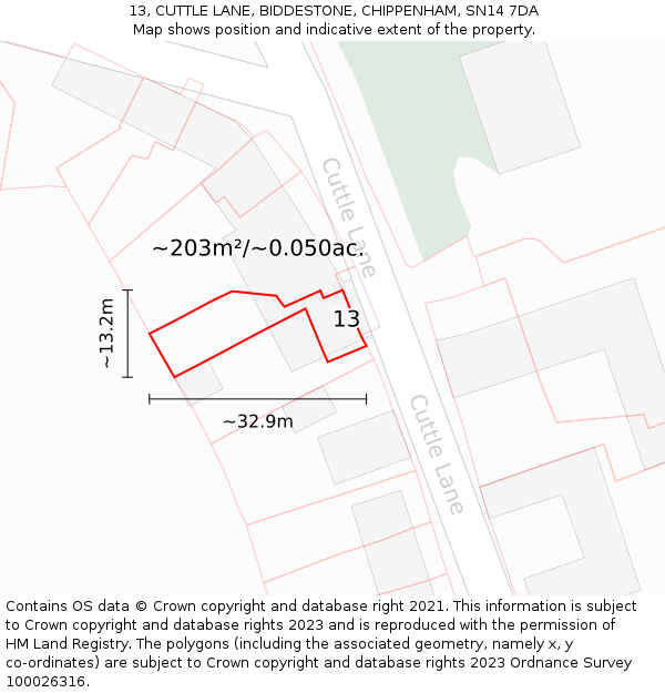 13, CUTTLE LANE, BIDDESTONE, CHIPPENHAM, SN14 7DA: Plot and title map