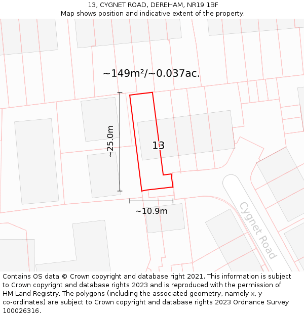 13, CYGNET ROAD, DEREHAM, NR19 1BF: Plot and title map