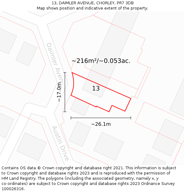 13, DAIMLER AVENUE, CHORLEY, PR7 3DB: Plot and title map