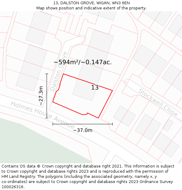 13, DALSTON GROVE, WIGAN, WN3 6EN: Plot and title map