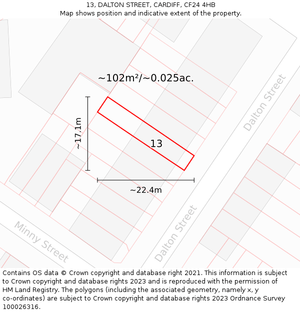 13, DALTON STREET, CARDIFF, CF24 4HB: Plot and title map