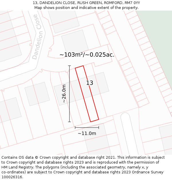 13, DANDELION CLOSE, RUSH GREEN, ROMFORD, RM7 0YY: Plot and title map