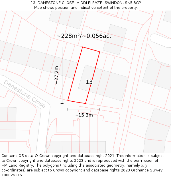 13, DANESTONE CLOSE, MIDDLELEAZE, SWINDON, SN5 5GP: Plot and title map