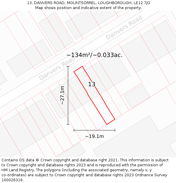 13, DANVERS ROAD, MOUNTSORREL, LOUGHBOROUGH, LE12 7JG: Plot and title map
