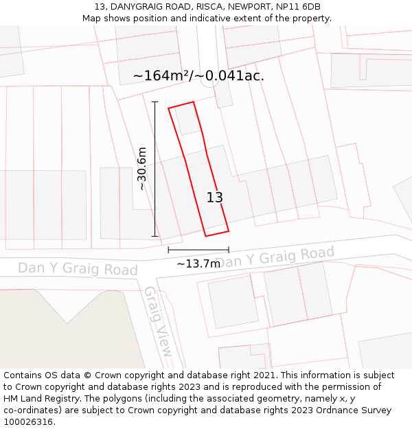 13, DANYGRAIG ROAD, RISCA, NEWPORT, NP11 6DB: Plot and title map