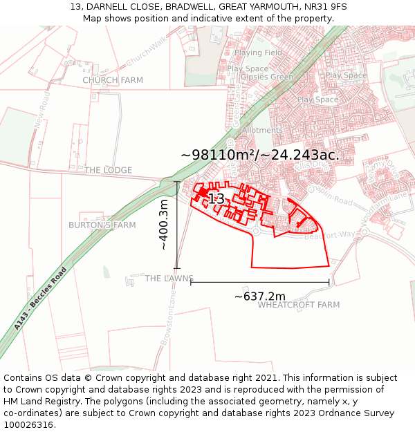 13, DARNELL CLOSE, BRADWELL, GREAT YARMOUTH, NR31 9FS: Plot and title map