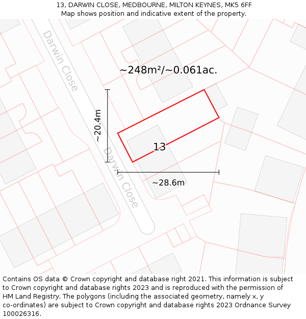 13, DARWIN CLOSE, MEDBOURNE, MILTON KEYNES, MK5 6FF: Plot and title map