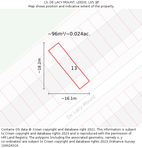 13, DE LACY MOUNT, LEEDS, LS5 3JF: Plot and title map