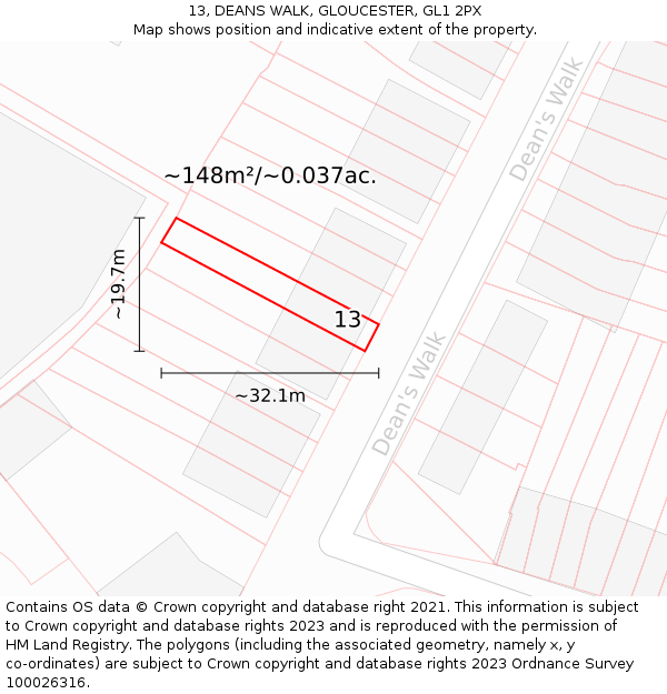 13, DEANS WALK, GLOUCESTER, GL1 2PX: Plot and title map