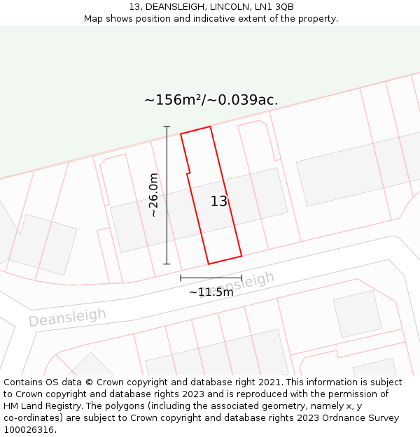 13, DEANSLEIGH, LINCOLN, LN1 3QB: Plot and title map
