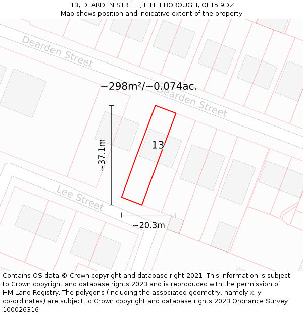 13, DEARDEN STREET, LITTLEBOROUGH, OL15 9DZ: Plot and title map