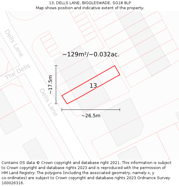 13, DELLS LANE, BIGGLESWADE, SG18 8LP: Plot and title map