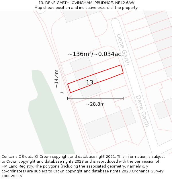 13, DENE GARTH, OVINGHAM, PRUDHOE, NE42 6AW: Plot and title map