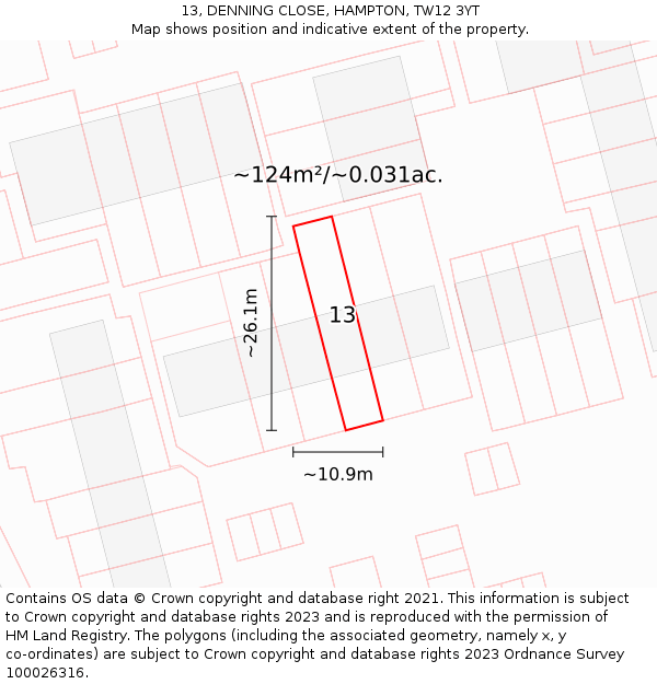 13, DENNING CLOSE, HAMPTON, TW12 3YT: Plot and title map