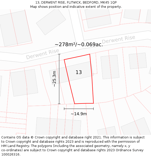 13, DERWENT RISE, FLITWICK, BEDFORD, MK45 1QP: Plot and title map