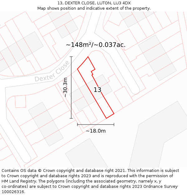 13, DEXTER CLOSE, LUTON, LU3 4DX: Plot and title map