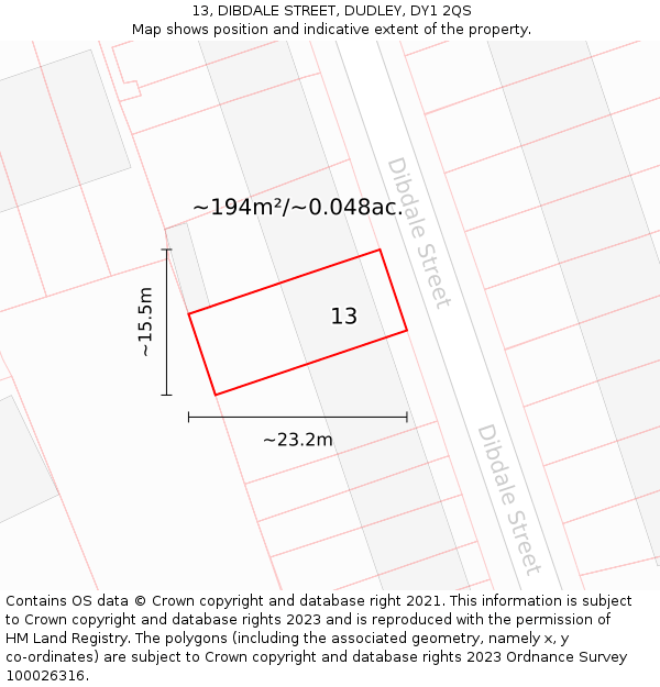 13, DIBDALE STREET, DUDLEY, DY1 2QS: Plot and title map