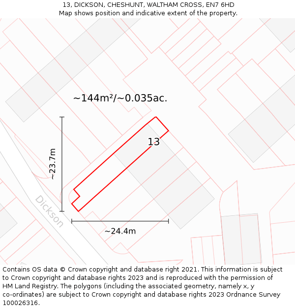 13, DICKSON, CHESHUNT, WALTHAM CROSS, EN7 6HD: Plot and title map