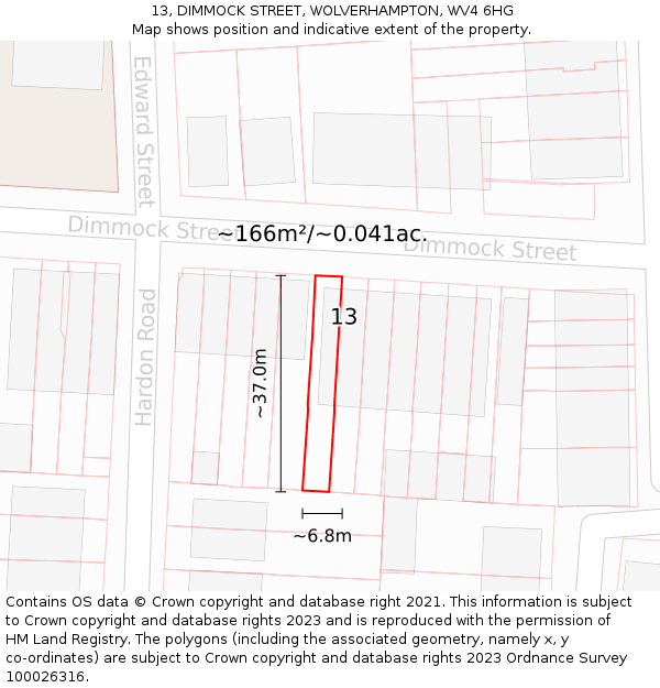 13, DIMMOCK STREET, WOLVERHAMPTON, WV4 6HG: Plot and title map