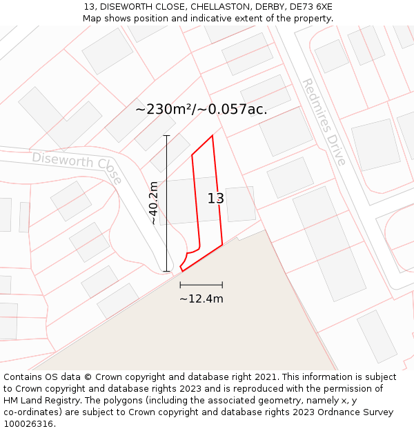 13, DISEWORTH CLOSE, CHELLASTON, DERBY, DE73 6XE: Plot and title map