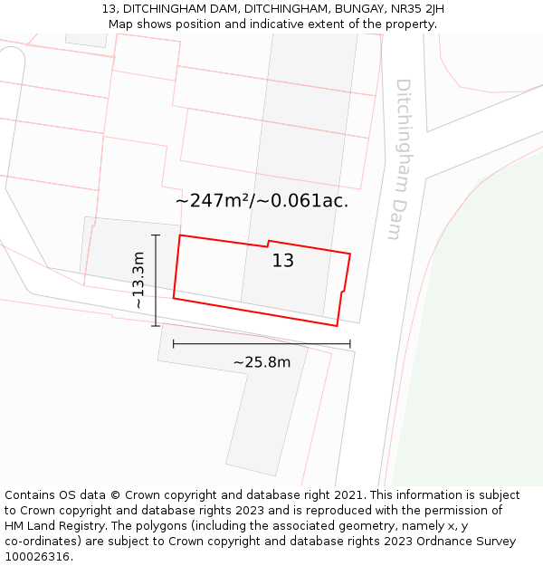 13, DITCHINGHAM DAM, DITCHINGHAM, BUNGAY, NR35 2JH: Plot and title map