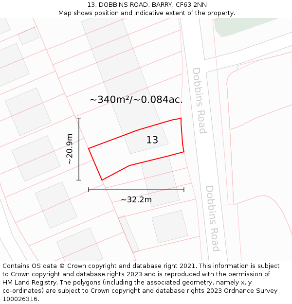 13, DOBBINS ROAD, BARRY, CF63 2NN: Plot and title map