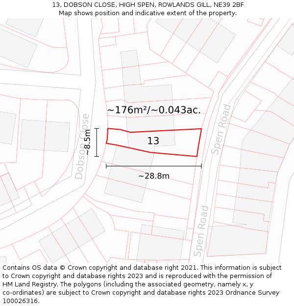 13, DOBSON CLOSE, HIGH SPEN, ROWLANDS GILL, NE39 2BF: Plot and title map