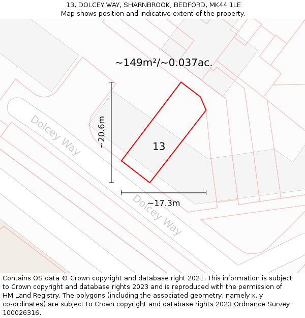 13, DOLCEY WAY, SHARNBROOK, BEDFORD, MK44 1LE: Plot and title map
