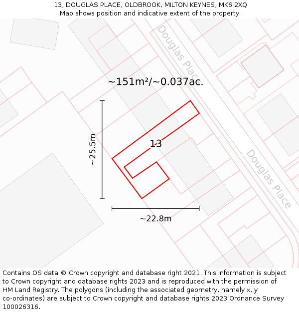 13, DOUGLAS PLACE, OLDBROOK, MILTON KEYNES, MK6 2XQ: Plot and title map
