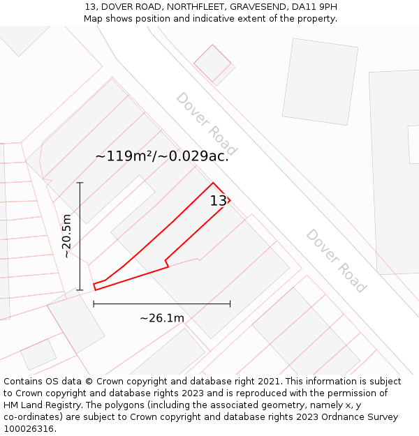 13, DOVER ROAD, NORTHFLEET, GRAVESEND, DA11 9PH: Plot and title map