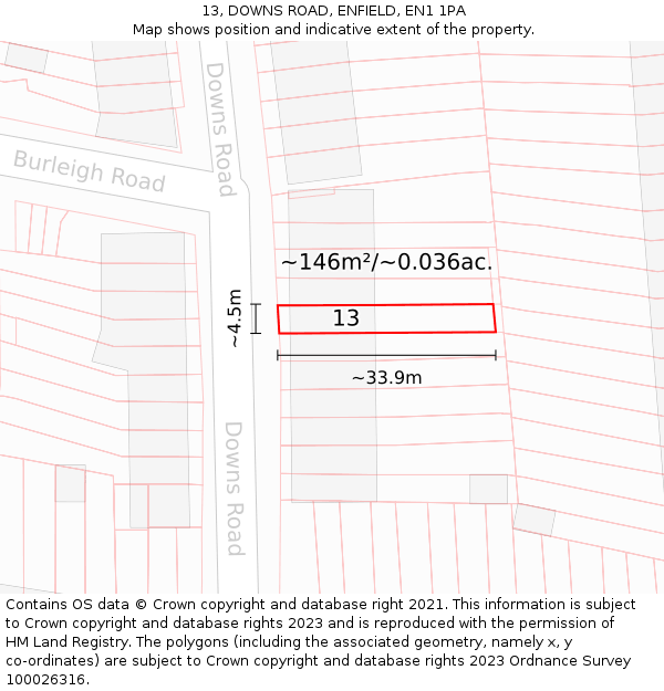 13, DOWNS ROAD, ENFIELD, EN1 1PA: Plot and title map