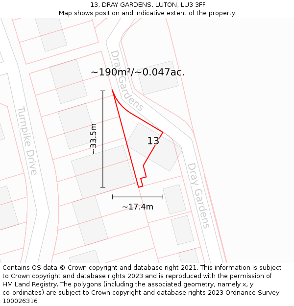 13, DRAY GARDENS, LUTON, LU3 3FF: Plot and title map
