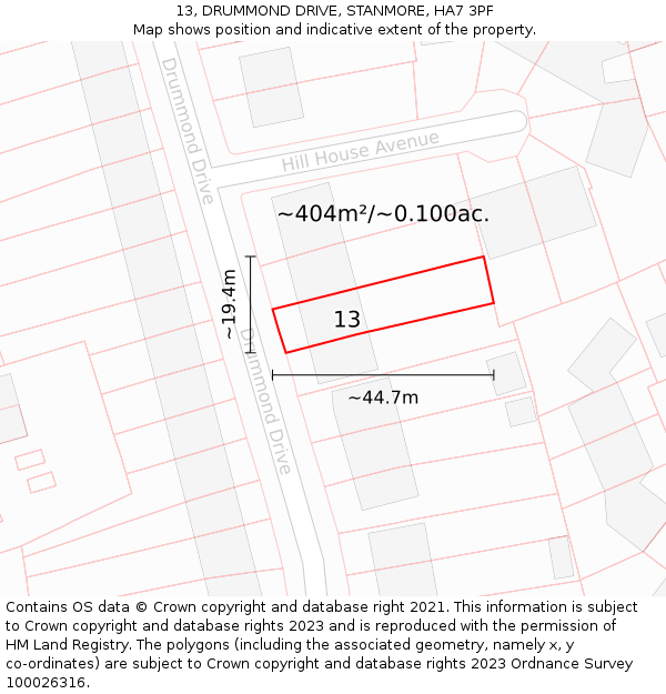 13, DRUMMOND DRIVE, STANMORE, HA7 3PF: Plot and title map