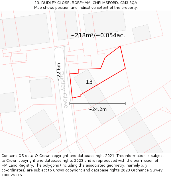 13, DUDLEY CLOSE, BOREHAM, CHELMSFORD, CM3 3QA: Plot and title map