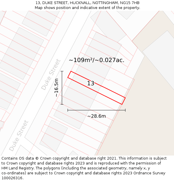 13, DUKE STREET, HUCKNALL, NOTTINGHAM, NG15 7HB: Plot and title map