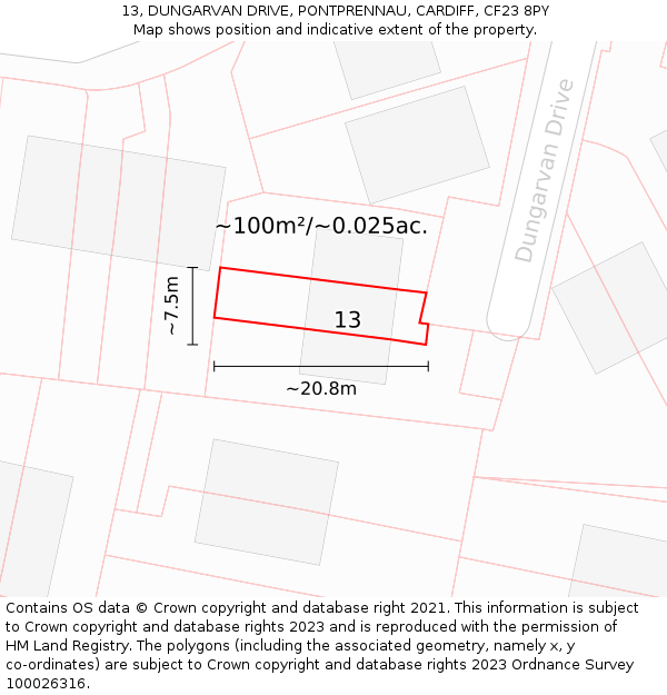 13, DUNGARVAN DRIVE, PONTPRENNAU, CARDIFF, CF23 8PY: Plot and title map