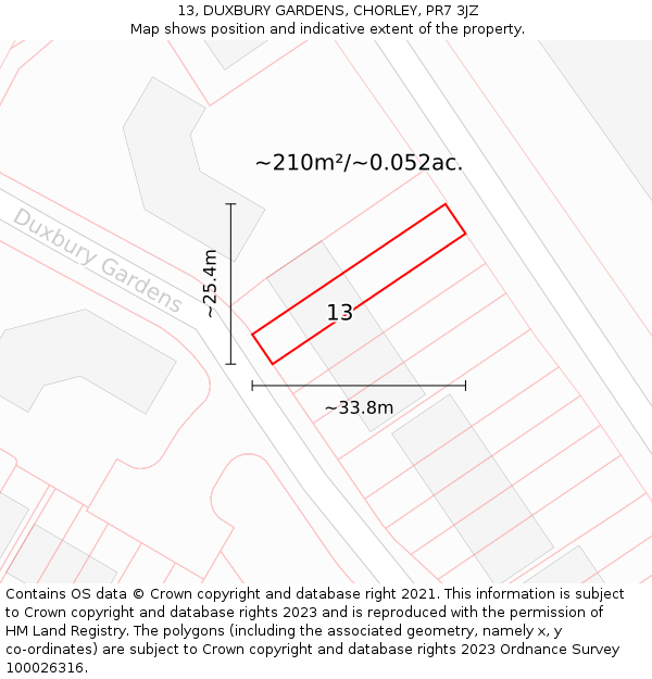 13, DUXBURY GARDENS, CHORLEY, PR7 3JZ: Plot and title map
