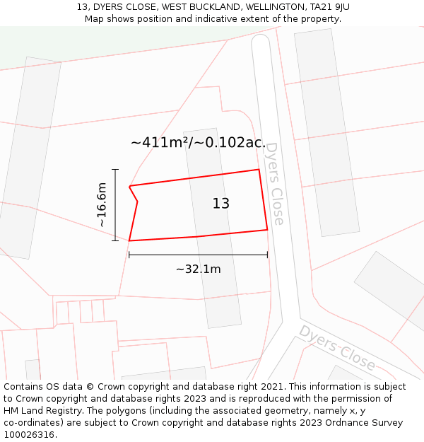 13, DYERS CLOSE, WEST BUCKLAND, WELLINGTON, TA21 9JU: Plot and title map