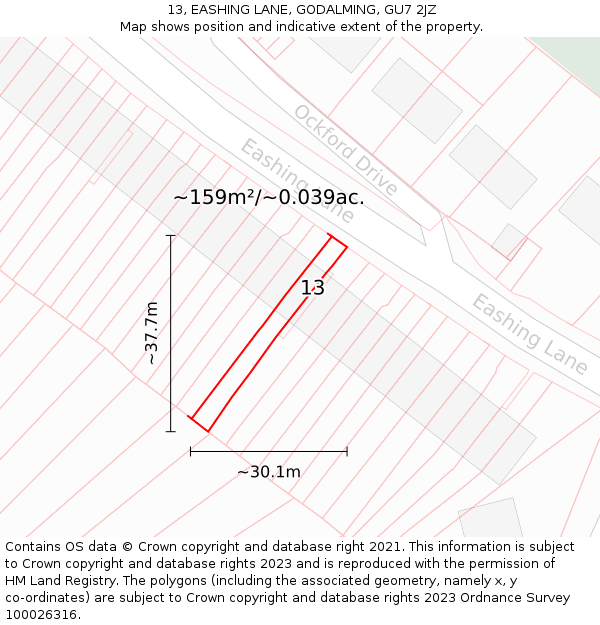13, EASHING LANE, GODALMING, GU7 2JZ: Plot and title map