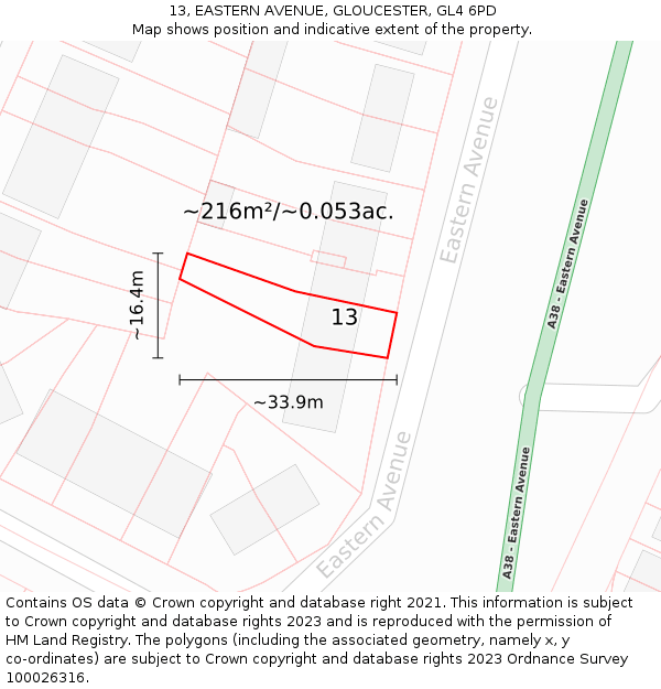 13, EASTERN AVENUE, GLOUCESTER, GL4 6PD: Plot and title map