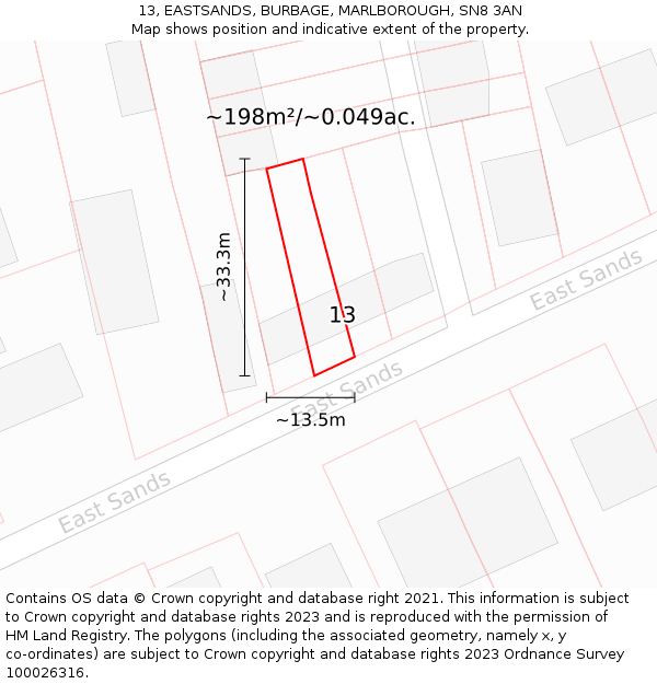 13, EASTSANDS, BURBAGE, MARLBOROUGH, SN8 3AN: Plot and title map