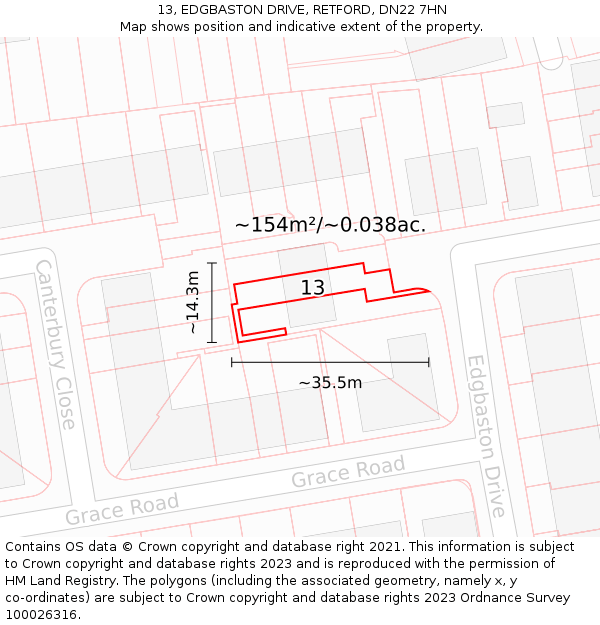 13, EDGBASTON DRIVE, RETFORD, DN22 7HN: Plot and title map