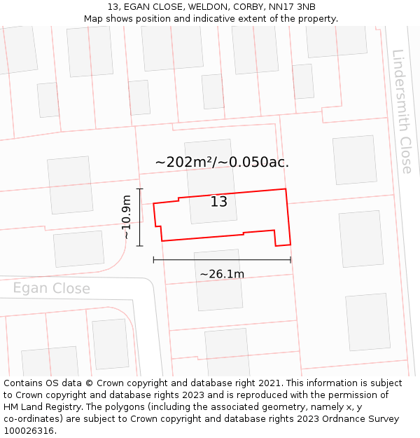 13, EGAN CLOSE, WELDON, CORBY, NN17 3NB: Plot and title map